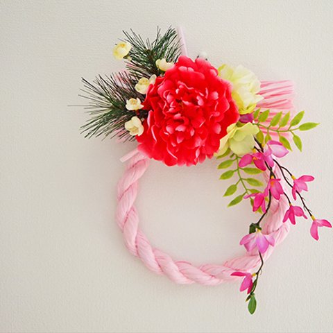 大きな牡丹のお正月飾り【大】『しめ縄／牡丹』縄径20cm【ピンク】