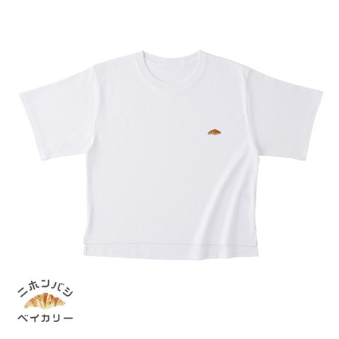 【ホワイト】レディースオーバーTシャツ；クロワッサン刺繍付き