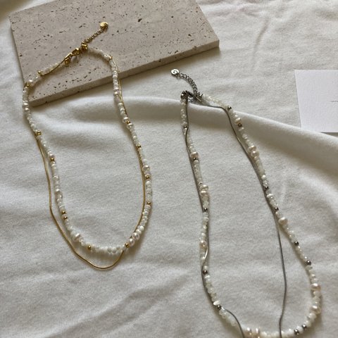 ーWhite shell &pearl necklaceー　パールネックレス　サージカルステンレス　チェーンネックレス　チェーンブレスレット　