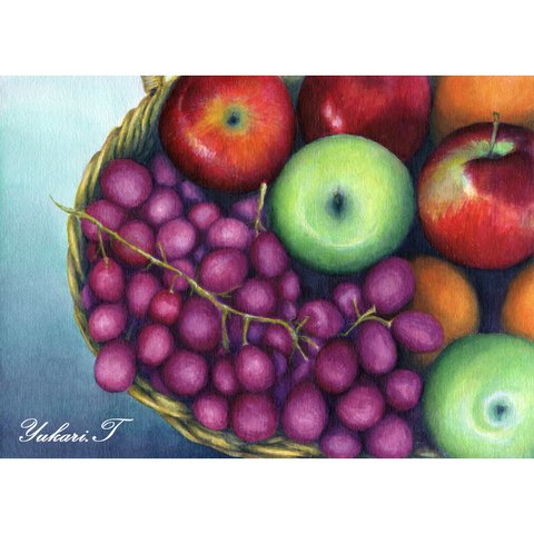 【原画】果物の絵（アクリル画/額無し）★りんご ぶどう 果物 苺 フルーツ 風水 絵画インテリア プレゼントに