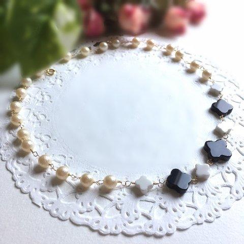 オニキスとパールのflower necklace 送料無料