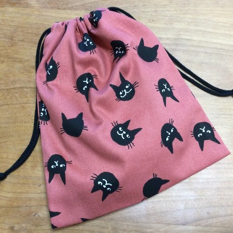 【再販】猫フェイス(サーモンピンク)・巾着袋(コップ袋)