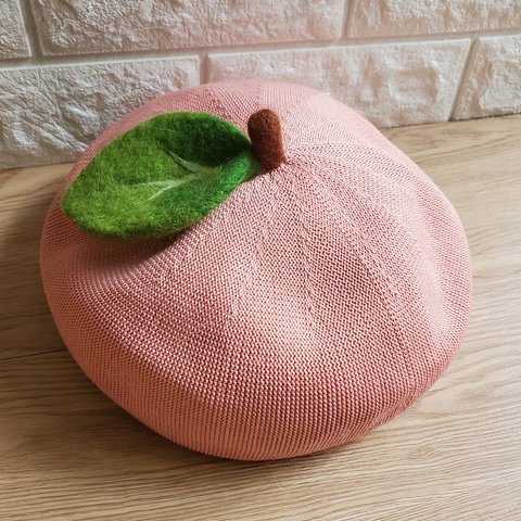 編み 桃 🍑 親子  ベレー帽 コットン100% ニット帽  大人用 夏の日  ピーチ モモ 果物