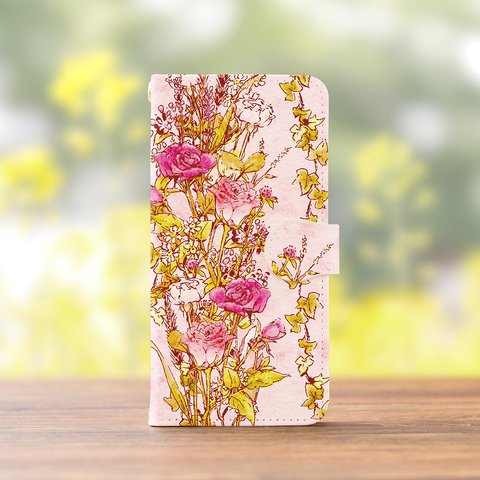 シャンペトルピンクの スマホケース 手帳型  iPhone XPERIA GALAXY AQUOS HUAWEI ケース 全機種対応 花柄