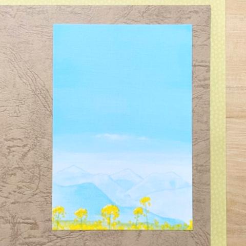 風景画 山の絵 【選べる２枚】『小さな幸せ』 ポストカード 菜の花 花 春 空 山 癒し 安曇野 風水 絵 絵画 イラスト 水彩画 ハガキ インテリア                        