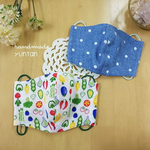 再販✩.*˚【立体マスク】ベジタブル＆デニム水玉 ２枚SET 名前シール 名前入れ可♪ 