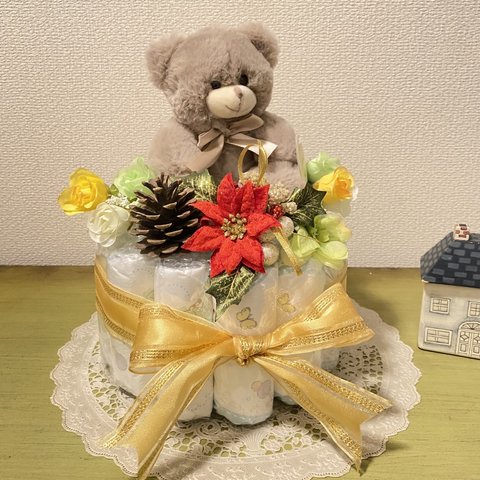 おむつケーキ　1段　男女兼用　出産祝い、クリスマスプレゼントに　ブラウンベア