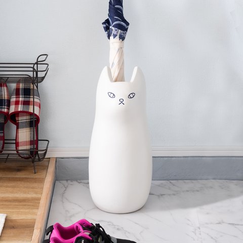 猫 陶器 傘立て 白 フラワーポット フラワースタンド