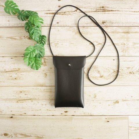 スマホとコインケースが入るスマホポシェット 上品なギボシ（シルバー色）開閉 スマホポーチショルダー斜め掛けタイプ レザーサコッシュ 縦型 ブラック 黒 Phone Leather Pouch Bag
