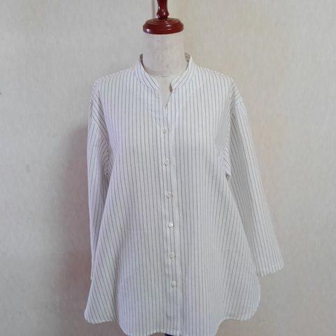 コットンリネン　スタンドカラー　チュニックブラウス　綿麻　ストライプブラウス　ビッグシャツ　ホワイト　白　長袖 Lサイズ
