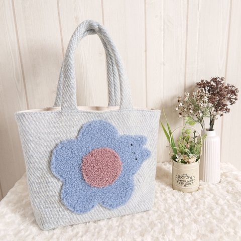 《SALE》お花うさぎのバッグ(ブルー×ブルーのお花)