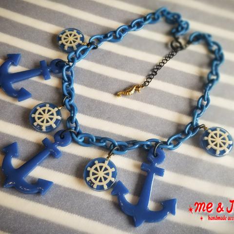 ⚓Rudder ＆ Anchor Retro Style Nautical Earrings ネックレス【ヴィンテージブルー】⚓イカリネックレス・アンカーネックレス