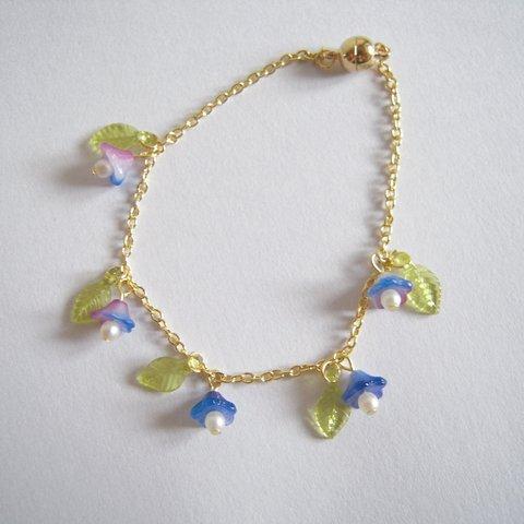 【祝！1周年】花ビーズのブレスレット_#108_flower beads bracelet<blue/gold>