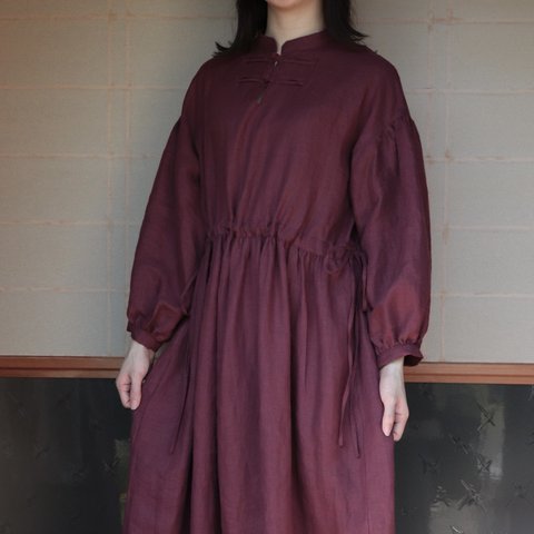 ［受注生産］LINEN China dress (ボルドー)