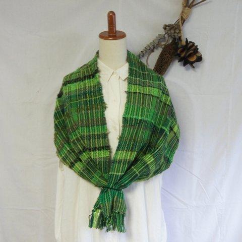 ★さをり織りストール★　マフラー　さおり織り　手織り　緑　グリーン　ウール