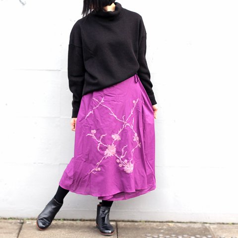 SALE★手刺繍のコットンラップスカート【オーキッドパープル】