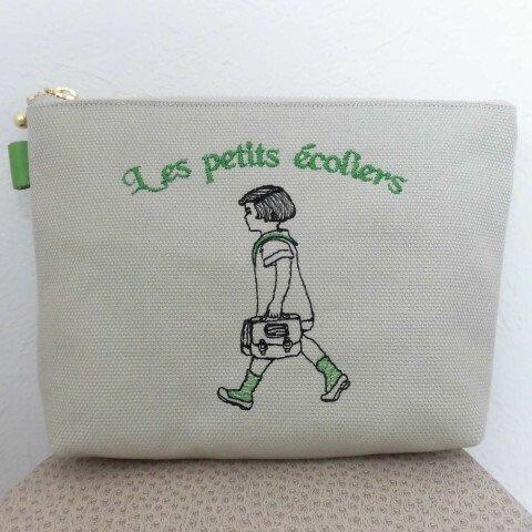 通学のフランスの女の子刺繍の帆布のポーチグリーン