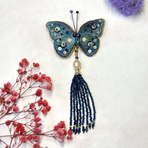 青藍*蝶々*刺繍ブローチ2way