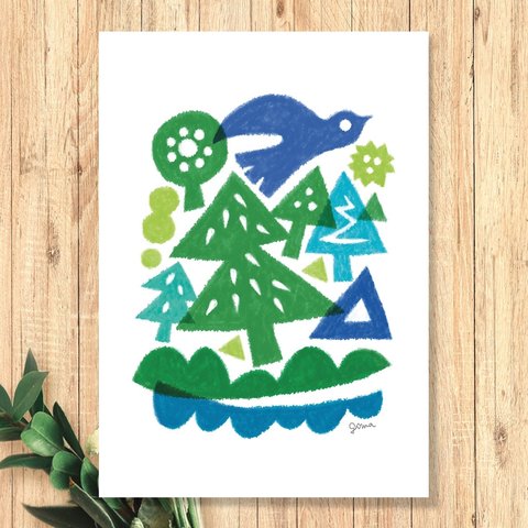 【インテリアポスター】青い森の鳥  カラフルイラスト  アート  デザイン