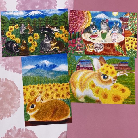 SALE うさぎと日本一の富士山&ひまわり　ポストカード4枚セット