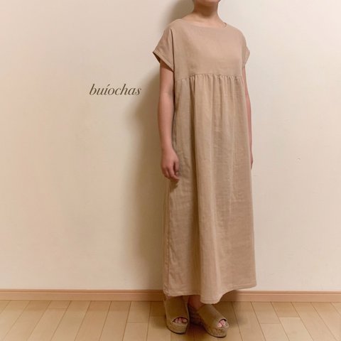 Wガーゼ 半袖胸元切り替えワンピース(beige)