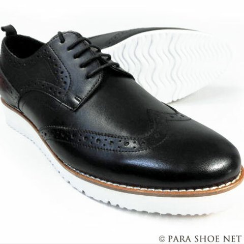 PARASHOE 本革ウィングチップ ビジネスカジュアルシューズ 厚底白ソール ワイズ3E（EEE）黒 22cm～32cm【メンズ革靴・紳士靴／大きいサイズ、小さいサイズあり】（PS1810-BLK）