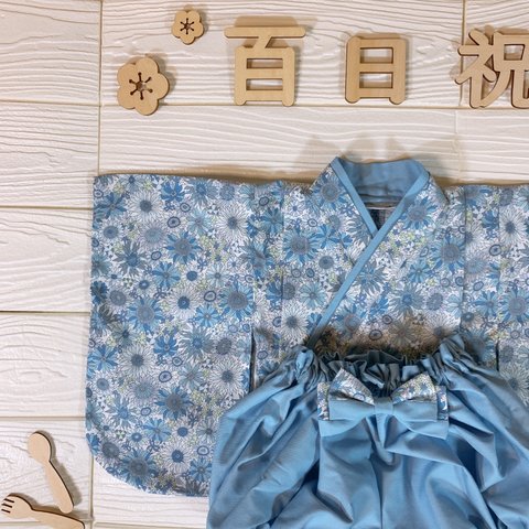 ベビー袴　花柄blue × blue