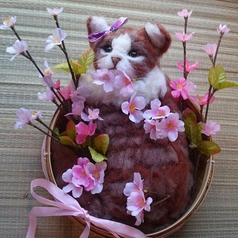 桜にゃんこ　羊毛フェルト　猫