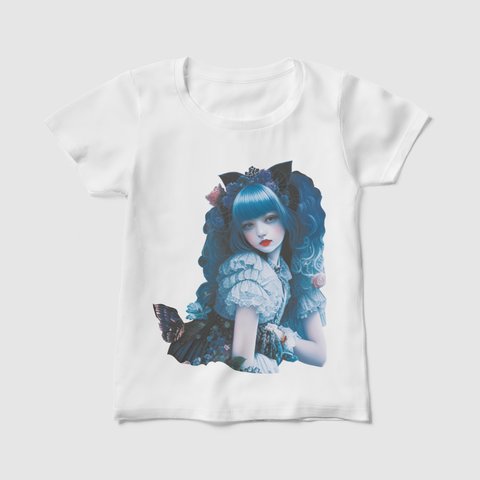 【シルエットVer.】ゴシック調のメイド服で黒い猫耳と青い髪がゆめかわいい女の子 白Tシャツ 半袖【レディースWM/WLあり】