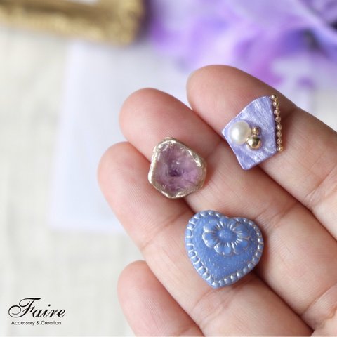 『3 pieces💙』Seashellの海のカケラ𓇼 Mini Pierce / Earring ◇ アメジスト/ チェコビーズ/淡水パール