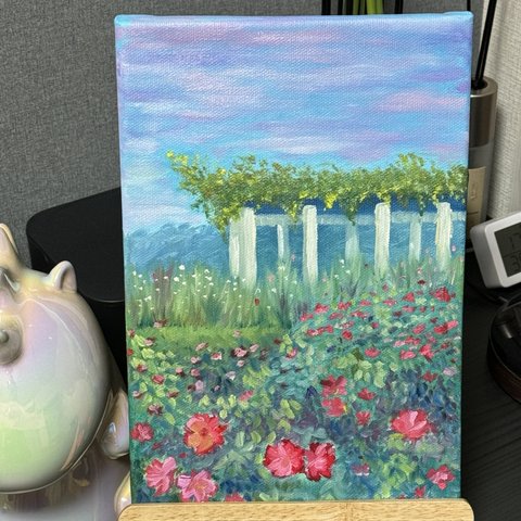 「薔薇園」　手描き　油絵　風景画　原画
