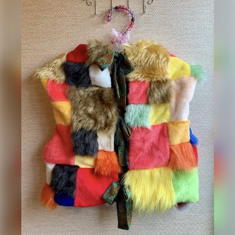 フェイクファーMultiColorパッチワークリボンベスト✳︎Ribbon Vest✳︎スタンドカラー✳︎多色多様Style Ⅱ