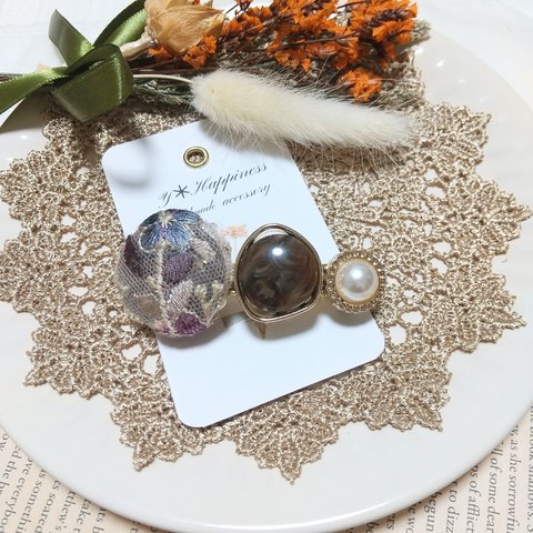 送料無料 NEW♪ くるみボタンとパールチャームのバレッタ  インド刺繍リボン  ヘアピン  ヘアアクセサリー