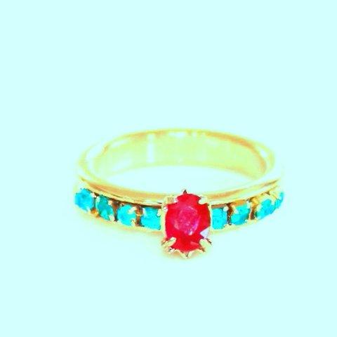 - yume no naka - k18 Red Beryl & Blue Diamond Ring 