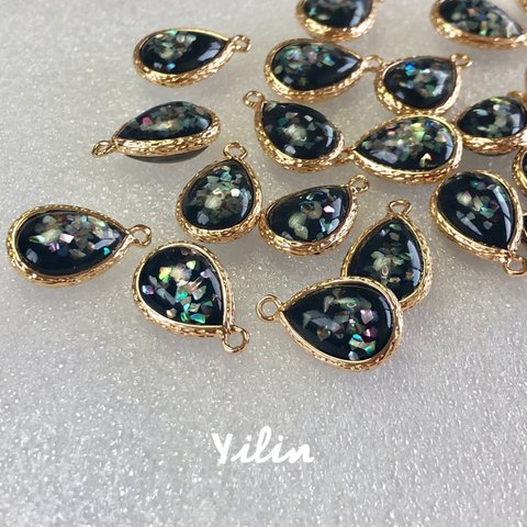 OP004☆2個セット☆人工オパール•ブラック•雫•しずく☆パーツ•チャム•樹脂☆10x14mm♪再販