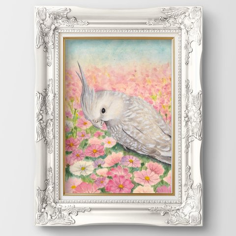 花とうちの子＊オーダーメイドイラスト＊ペット似顔絵＊手描き＊花＊花冠＊鳥＊インコ