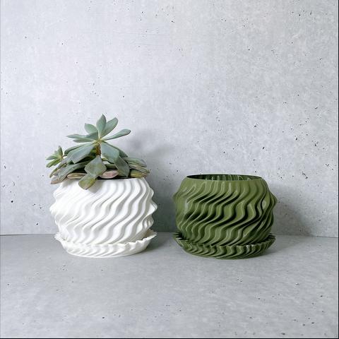 WAVE / 3D printed 植木鉢 / 2号 / ホワイト、オリーブ / プランター