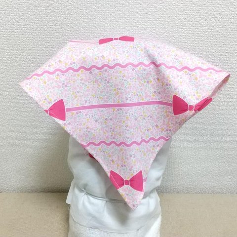 花＆リボン（ピンク）サイズが選べる　ゴム紐付　子供用三角巾