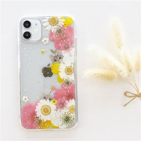 ❤癒し猫  押し花ケース iPhone14Pro/13/SE/XPERIA10IV/GalaxyS23/AQUOS iPhoneケース スマホケース 押し花ケース 