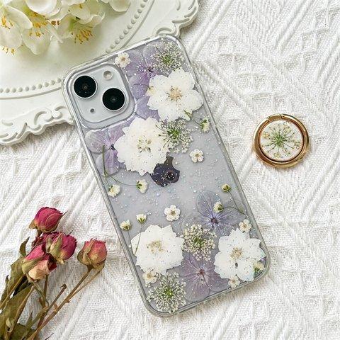 紫陽花、押し花スマホケース、全機種対応、ストラップホルダ一、iFace風、手帳型、iPhone14、iPhone14 Pro、iPhone14 Max、iPhone13