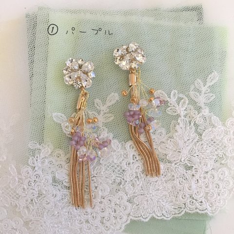 【flower *･ﾟ】イヤリング　ピアス　チェーン　パープル　ウエディング　ブライダル　結婚式469