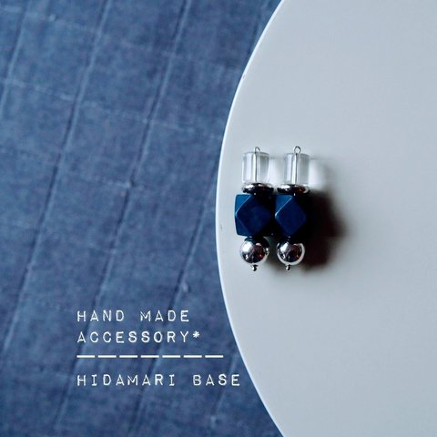 【Polygon wood × metal / blue Hawaii】多角形ウッドとクリアビーズとメタルのearring*&pierce*