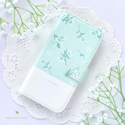 冬の花々アイスグリーン 手帳型スマホケース iPhone Android アンドロイド 全機種対応 花柄 クリスマスローズ ポインセチア スノードロップ ノースポール カランコエ パンジー ヤツデ