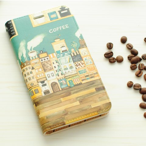 「カフェの奥のコーヒーの街」iPhone14・14pro・13mini・12・11・7/8/SE・MAX・XR手帳型スマホケース【内側デザイン入り】