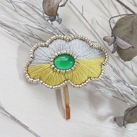 刺繍お花バイカラーポニーフック グリーンオニキス