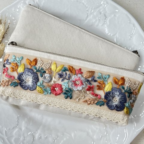 【送料込み】【インド刺繍リボン】ペンケース 筆箱 ポーチ型 20cmファスナー