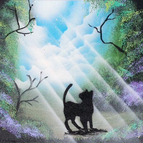 日差しのなかの黒猫9×12in