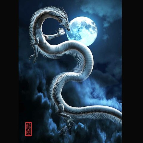 龍の絵「月と白龍」　A4