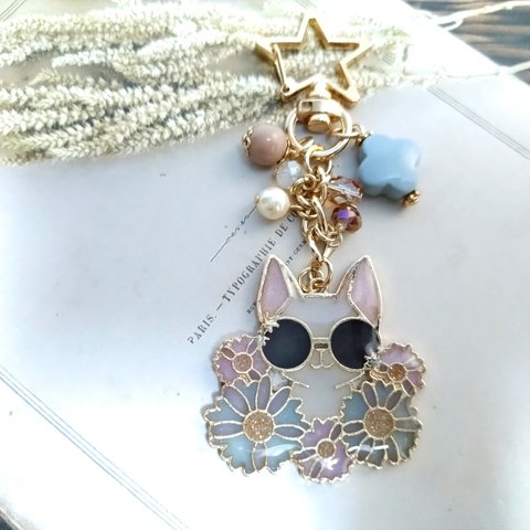 🌼お花と猫のキーホルダー🌼☆ブルー系☆