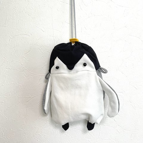 旅するよちよちペンギン　　杢グレーニット×起毛白ニット巾着　限定1